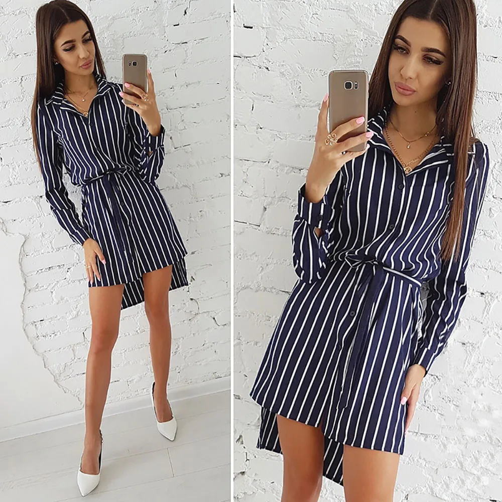 

2018 Autumn Fashion Women Striped Print Dress Casual Turn-down Collar Long Sleeve Button Shirt Dresses Vintage Striped Vestidos
