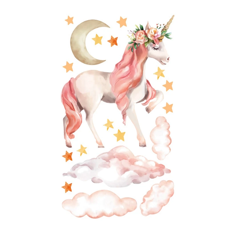 Волшебный Единорог цветные настенные наклейки Животные лошадь настенные наклейки со звездами для детей девочек комнаты Diy плакат на стену домашний декор - Цвет: Черный