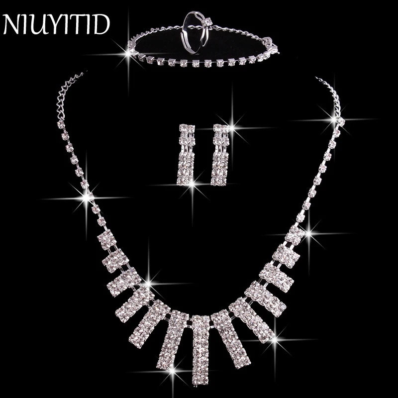 

NIUYITID Bridal Jewelry Four Pieces Sets Of Wedding Crystal Rhinestone Jewelry For Women Female Party Jewellery