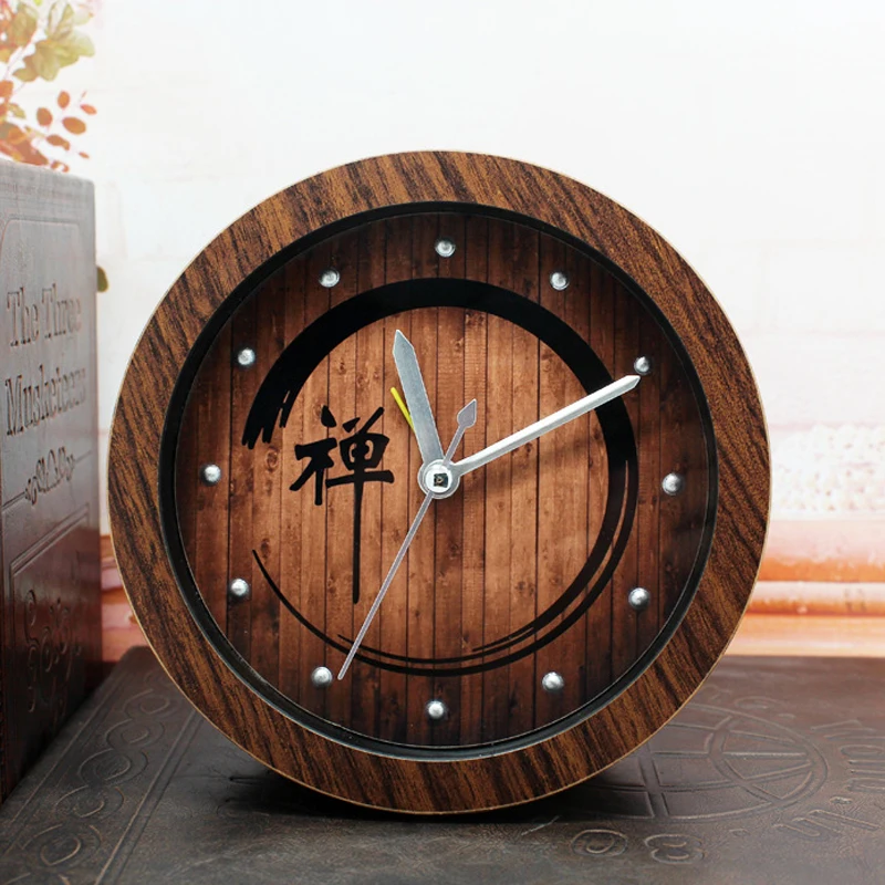 OUYUN Nostalgia Zen Chinese Alarm Clock Vintage Wood Table Clock for