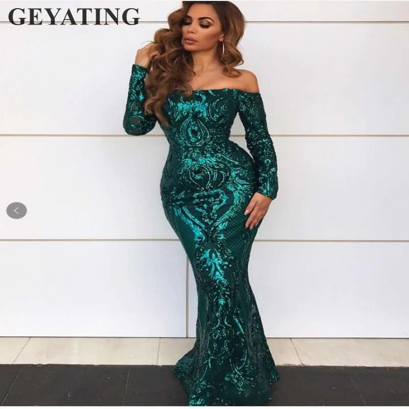 Emerald Green Sequins Mermaid Evening Dress Long Sleeves Elegant Off the Shoulder Gold Formal Party Gowns Arabic Prom Dresses Emerald Green Sequins Mermaid Evening Dress Long Sleeves Elegant Off the Shoulder Gold Formal Party Gowns Arabic Prom Dresses