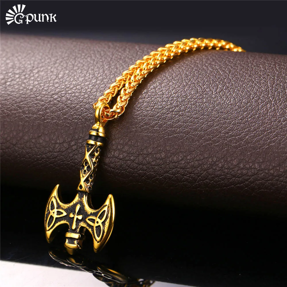 

Male Pendants And Necklaces Axes Pattern Men Gift The Symbol Of Strength Gold color Stainless Steel Wholesale P2146G