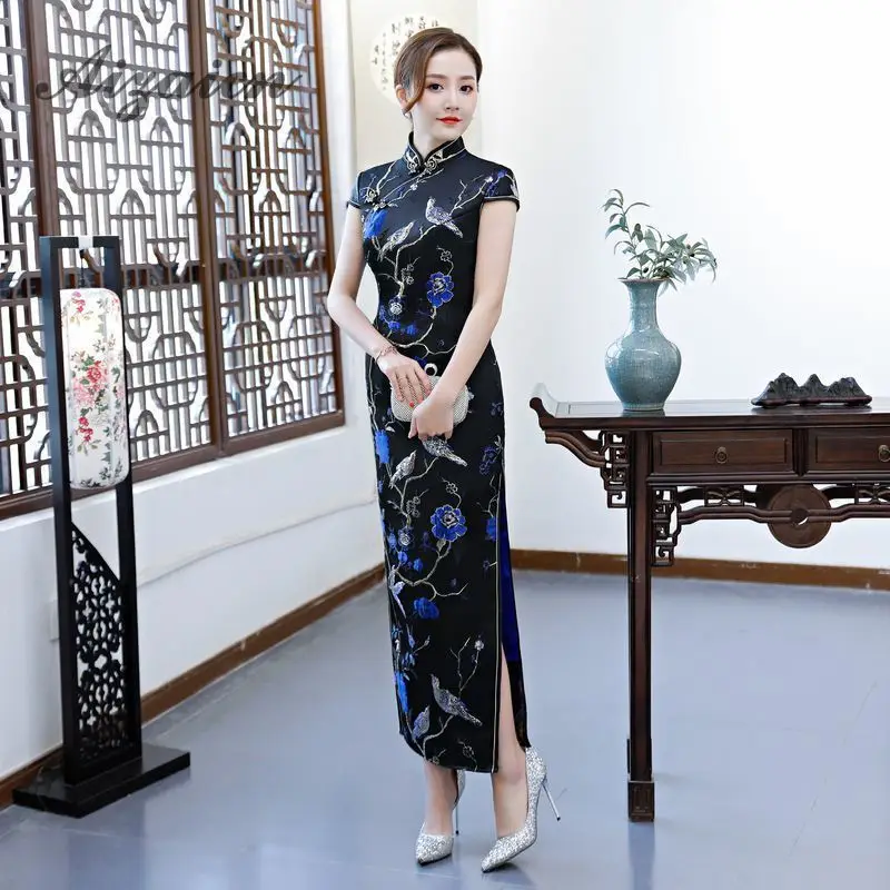 Восточный стиль ретро длинный Cheongsam черный Chinoise тонкий Qi Pao для женщин Китайская традиционная одежда платье Ципао Женская Роба в восточном