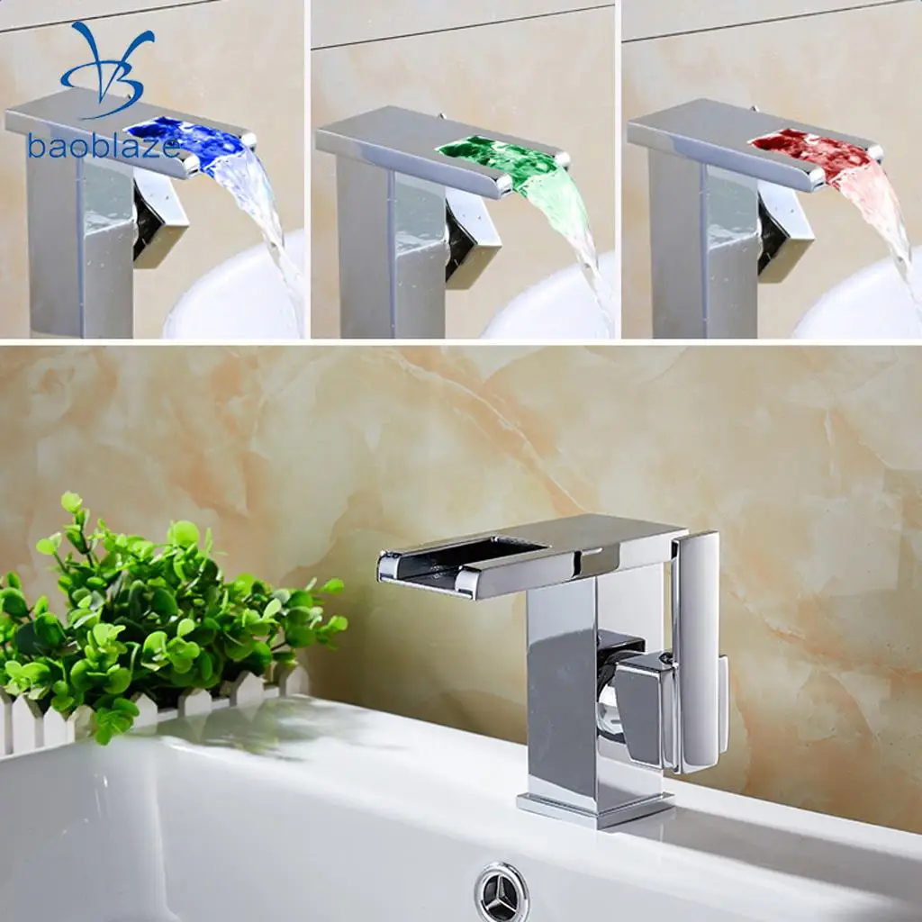 Swivel Spout Kitchen Sink Tap Lever Chrome Water Faucet 3 Color LED Change, Bathroom Wash Sink Faucet, RED/GREEN/BLUE