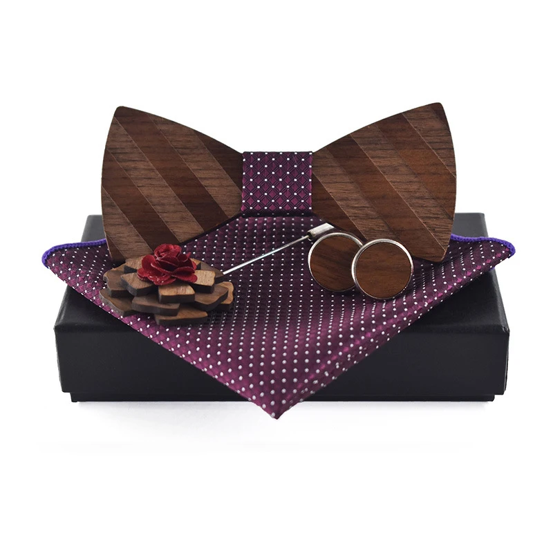  Mens Wood Bow Tie Handkerchief Cufflinks Lapel Pin Set for Male Wedding Wooden Bowtie Polyester Poc