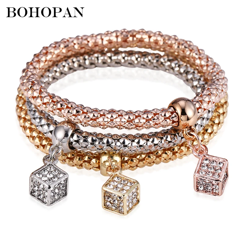 Bohopan 3 шт. высококачественные женские браслеты эластичные трехслойные блестящие