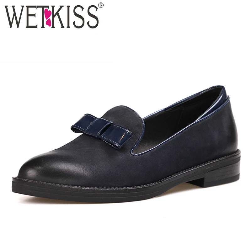 

WETKISS Genuine Leather Women Flats Round Toe Flat Sole Shoes Butterfly Knot Footwear 2018 Autumn Fashion Casual Female Shoes
