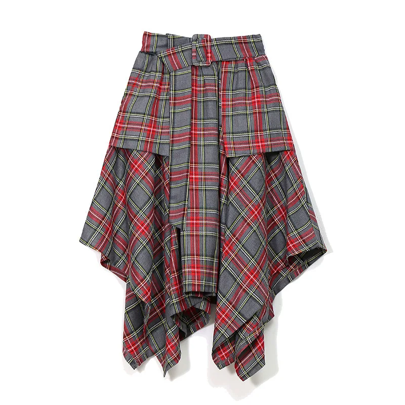 Осень зима необычная клетчатая эластичная миди-юбка с высокой талией с поясом корейский стиль Одежда для женщин винтажные юбки Okd606 - Цвет: gray
