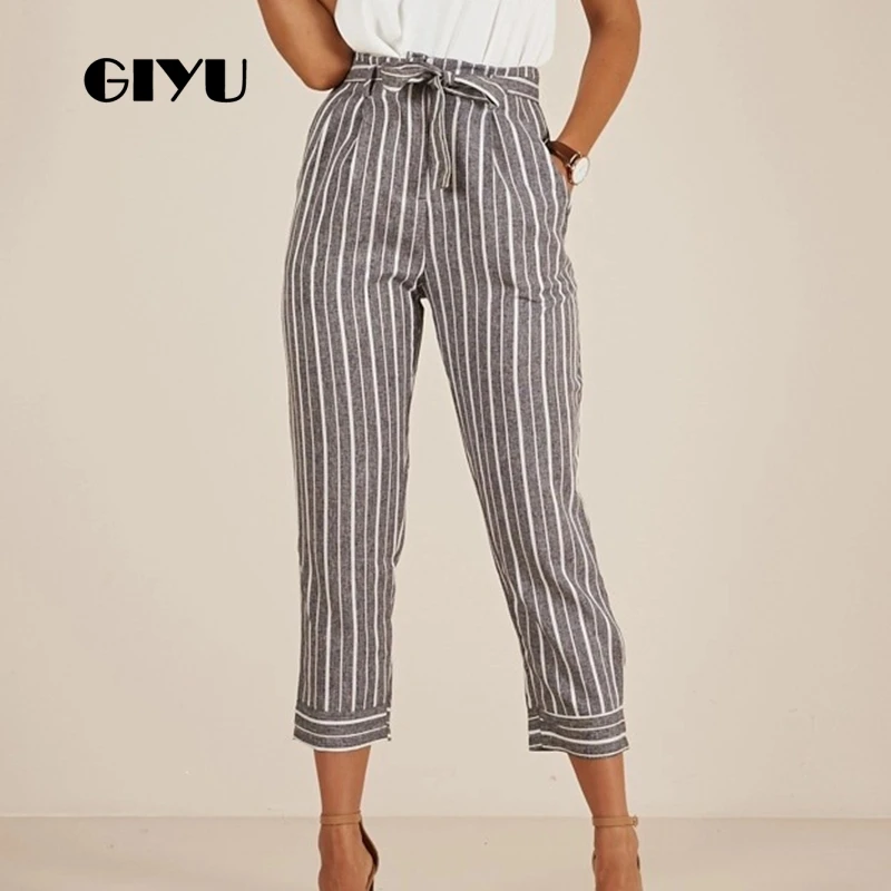 

GIYU Striped Printing Women High Waist Pants Casual Slim Pencil Pants Skinny Trousers Tie-up Feminino vaqueros mujer