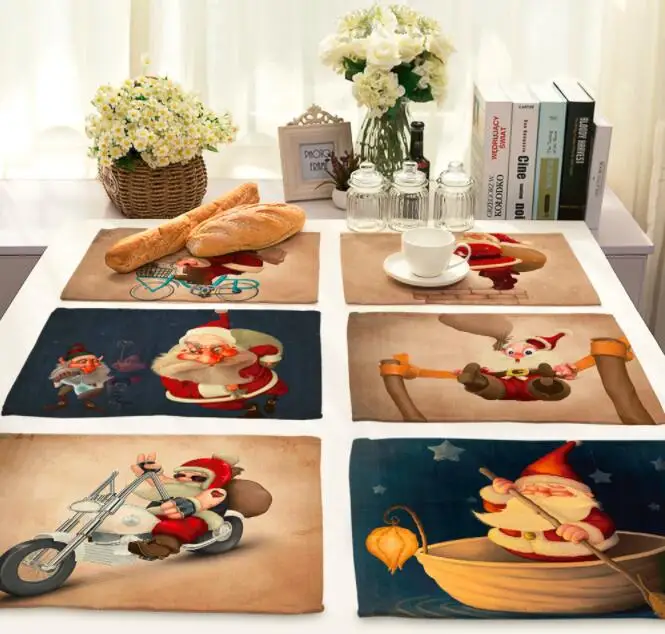 

Printed Linen Placemat Place mat Table Mat Santa Claus polyester Dinner table mat Coaster Home textile Dec wholesale FG833