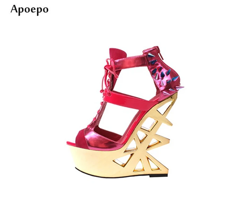 

New Shiny Rose Pink Leather Sandal for Woman Sexy Peep Toe Cutouts Strange Heels Punk Style Rivets Studded Lace-up Sandal