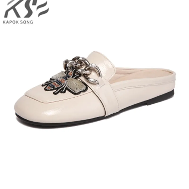 

cow leather half slide sandals women really genunie leather luxury designer women metal chain slippersummer shoes lady sandals