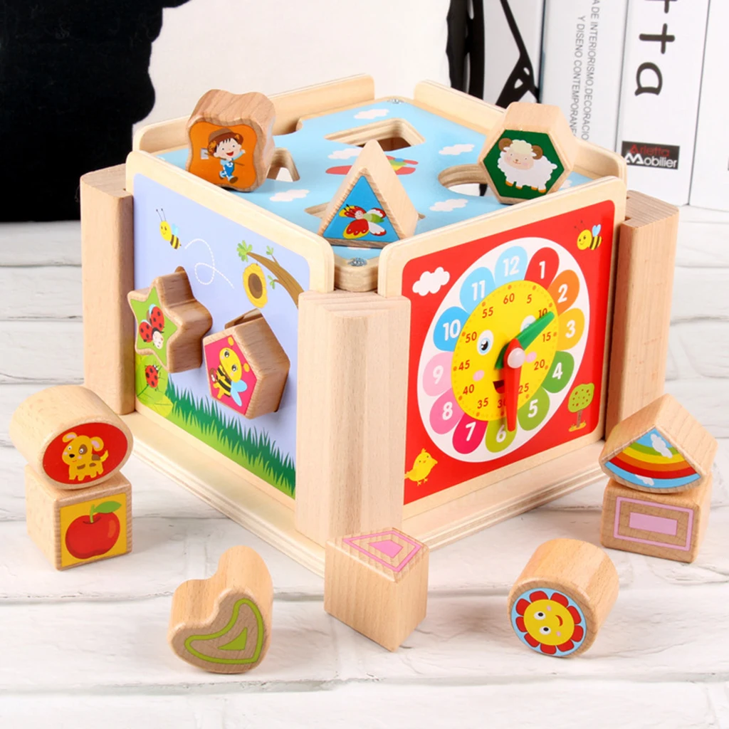 Wooden Shape Sorting Box - Baby Geometric Building Block & Teaching Clock Toys Early Geometric Shapes Cognitive Learning