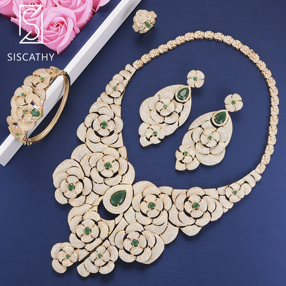 SISCATHY 4Pcs Statement Collar Necklace Earrings Bangle Ring Jewelry Sets For Women Bridal Wedding Cubic Zirconia Jewelry Sets