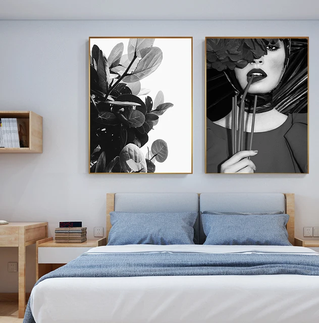 Pretty Biting Lips Girl Plant Canvas Painting HD Black And White Poste 1