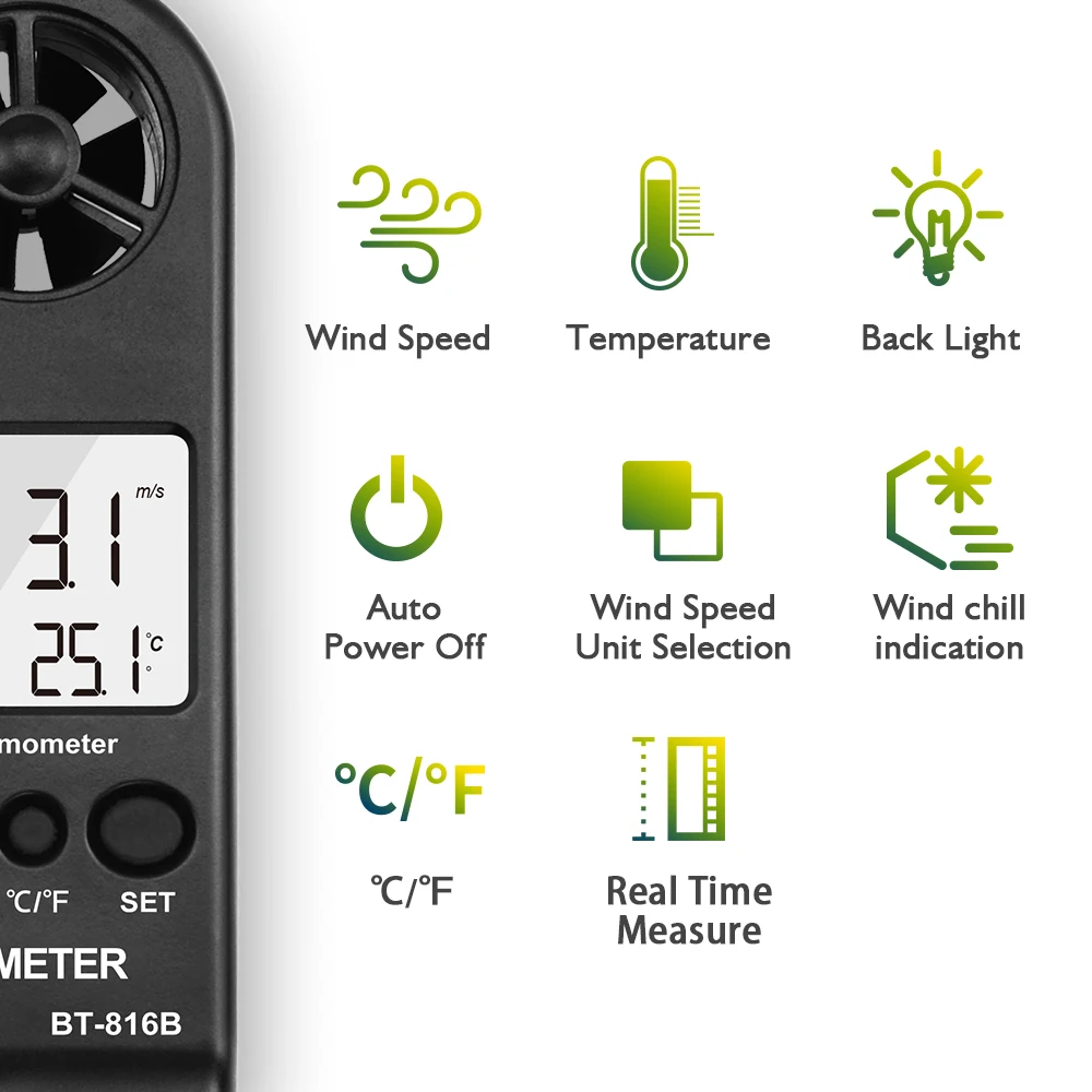 BTMETER BT-816B Анемометр Скорость ветра ручной цифровой измеритель скорости ветра переносной Анемометр Датчик скорости ветра с термометром