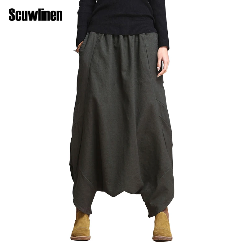 SCUWLINEN 2019 Для женщин брюки Повседневное льняные свободные плюс Размеры эластичный