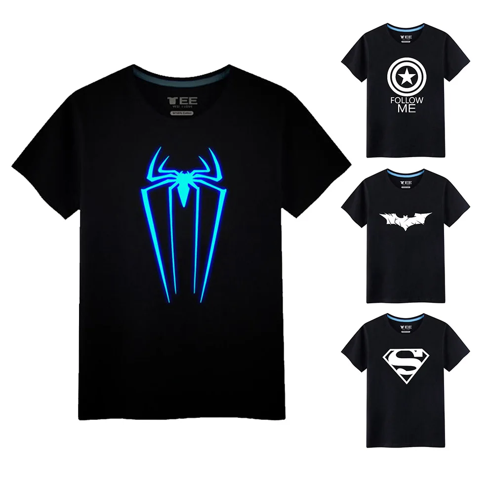 С принтами "Marvel", "Мстители", светящиеся Детские футболки «Человек-паук», Бэтмен Железный человек, Супермен, для мальчиков и девочек Люминесцентная футболка хлопковые топы Футболка Vest
