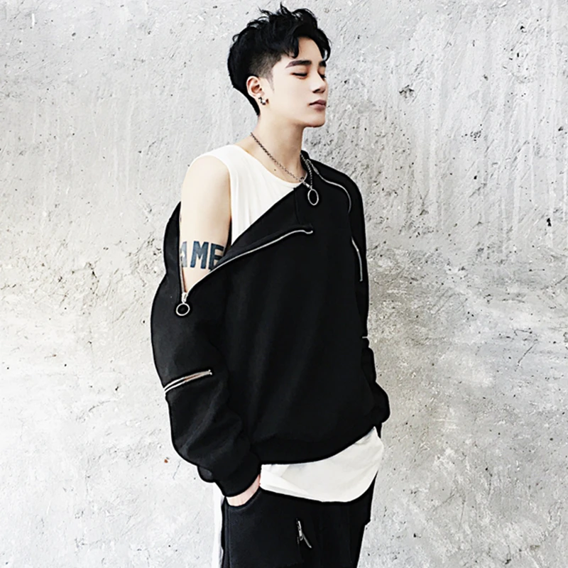 男性秋ジッパー袖ヒップホップパーカーカジュアルクルーネックスウェットシャツ女性オフショルダーのセクシーなパーカーナイトクラブの歌手のステージ Moletom パーカー スウェット Aliexpress