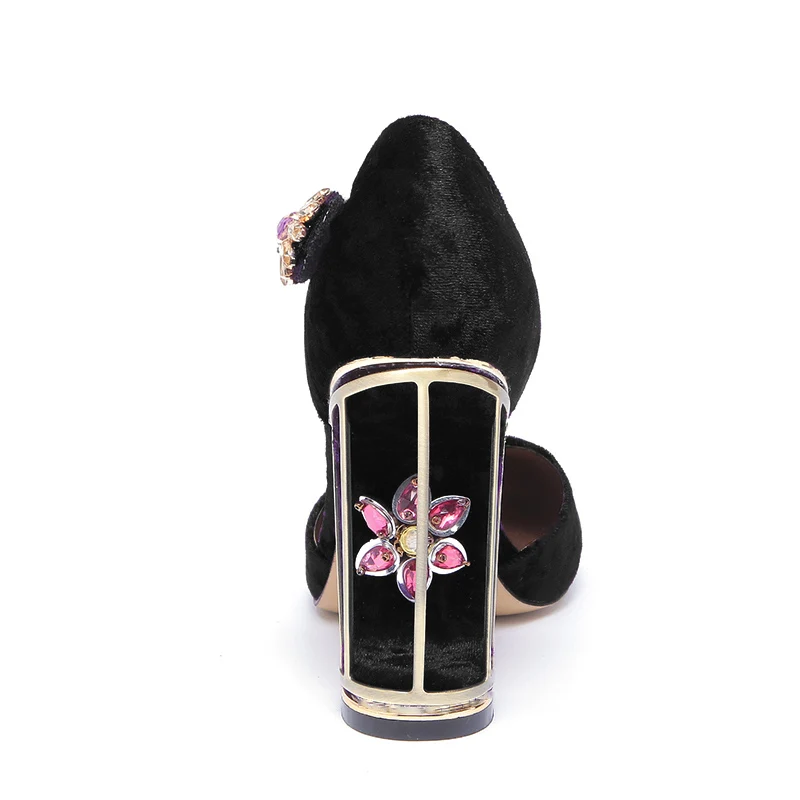 Phoentin/вечерние женские туфли mary jane; Новое поступление года; бархатные женские туфли с цветком из стразов; туфли на высоком металлическом каблуке с птичьей клеткой на застежке-липучке; FT497