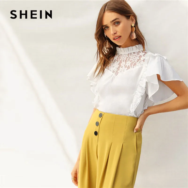 SHEIN Топ С Оборкой И Кружевом Летняя Блузка Кружевной Вставкой Коротким Рукавом| |