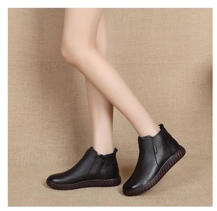 Winter Genuine Leather Ankle Boots Handmade Lady soft Flat shoes comfortable Casual Moccasins side Zip Ankle Boots g480
