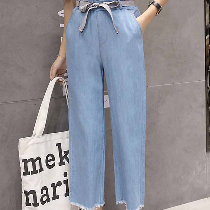 

FMFSSOM New Elastic Waist Lace-Up Solid Tassel Female Denim Pants Casual High Waist Straight Women Jeans Pants