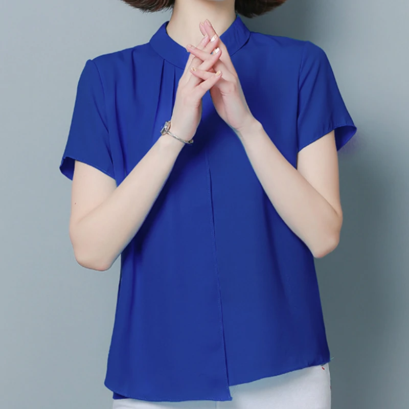 

Fashion Chiffon Women's Shirt Short Sleeve Stand Collar Loose Women's Summer Tops Cool Breathable Casual Blue Women's Wear 1671
