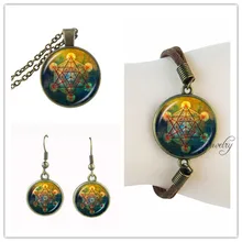 Long chain necklace vintage Metatron’s Cube necklaces pendants suede leather bracelet and dangle earrings set dubai jewelry sets