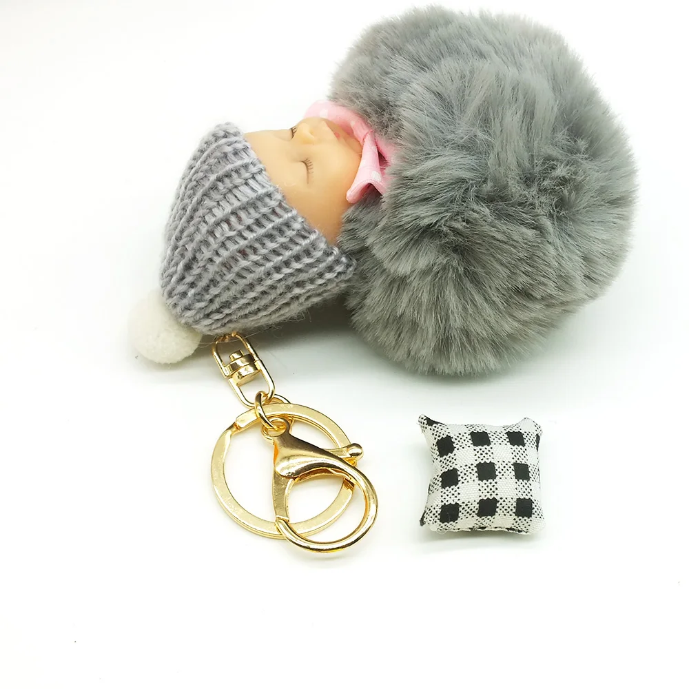 

ZOEBER Rabbit Fur Ball Key Chain Car Keyring Women Key Holder Bag Pendant Sleeping Baby Doll Keychain Pompom Charm Accessories