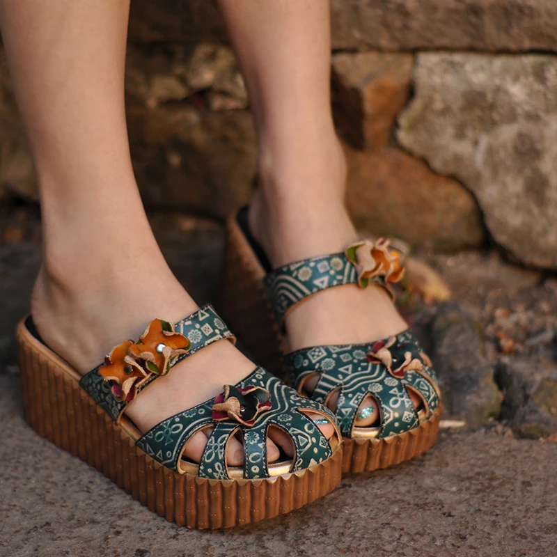 Artmu Flower Wedges Sandals Slip on Women Shoes,Sweet Cutout Vintage Wedges Slippers Flower 