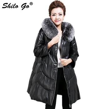 

New winter fashion women high quality Luxury fox fur collar Pom Pom hooded loose feather long section genuine leather skirt coat