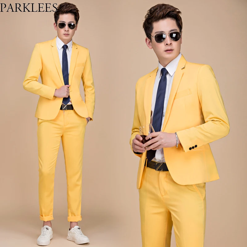 

Mens Party Vacation Colorful Suits With Pants 2019 Brand New Slim Fit One Button 2 Pieces Suit (Jackets+Pants) Men Terno Yellow
