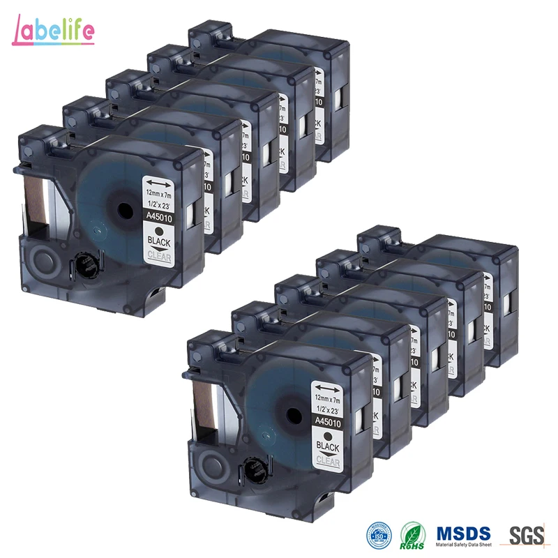 

Labelife 10 Pack 45010 Compatible Dymo D1 Label Tape Black on Clear for DYMO LabelManager 160 280 420P PnP 220P 360D 450