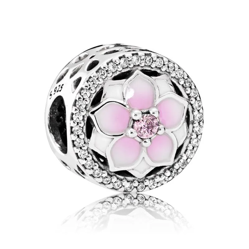 

Authentic 925 Sterling Silver Bead Charm Openwork Magnolia Bloom With Crystal Beads Fit Pandora Bracelet Bangle DIY Jewelry