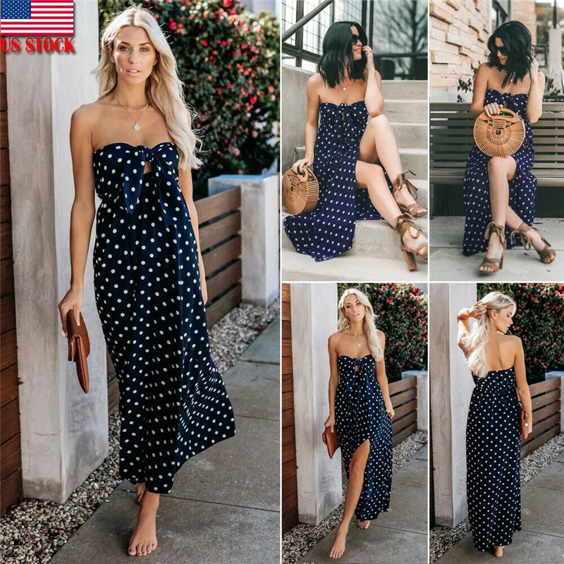 

Summer Women's Maxi Long Party Casual Beach Dress Off Shoulder Cocktail Sexy Strapless Front Bandage Dot Dress