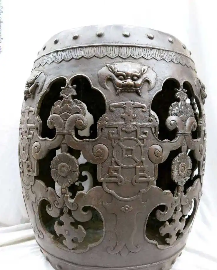 

17" China copper bronze carved dragon tiger decorative pattern stool Statue