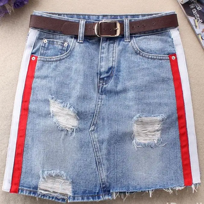 

spring summer fashion women side stripe splicing A-line mini short pocket skirt denim high waist jeans skirts