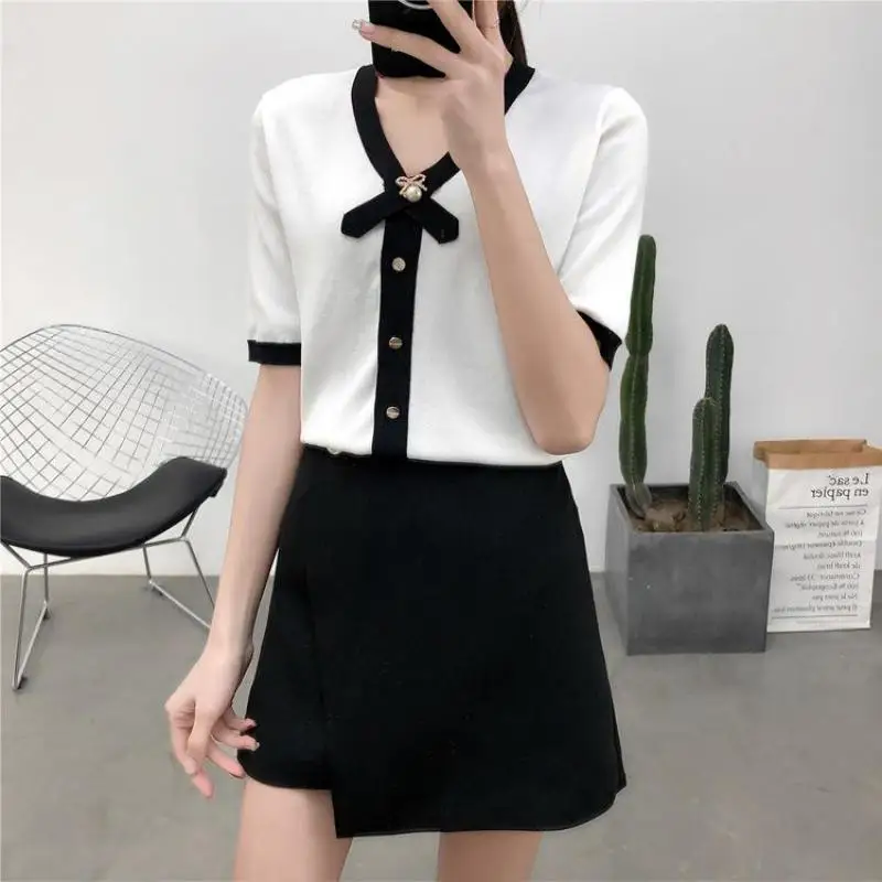 

Nonis Summer Ice Silk Knitted V Neck Short Sleeve Women Beading Cardigan Femme Blouse Shaped Waist Ladies Casual Single Breasted