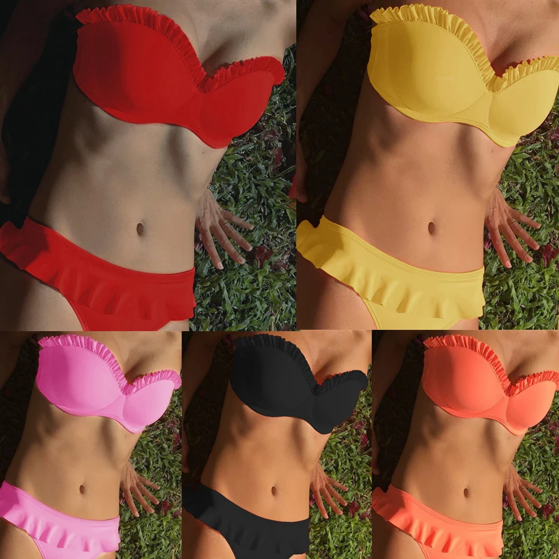 

Swimsuit 2019 Off Shoulder Frill Sheer Bikini Women Sexy Secret Pink Reed Black Yellow Swimsuit Push Up Swim Suit Women Swimwear