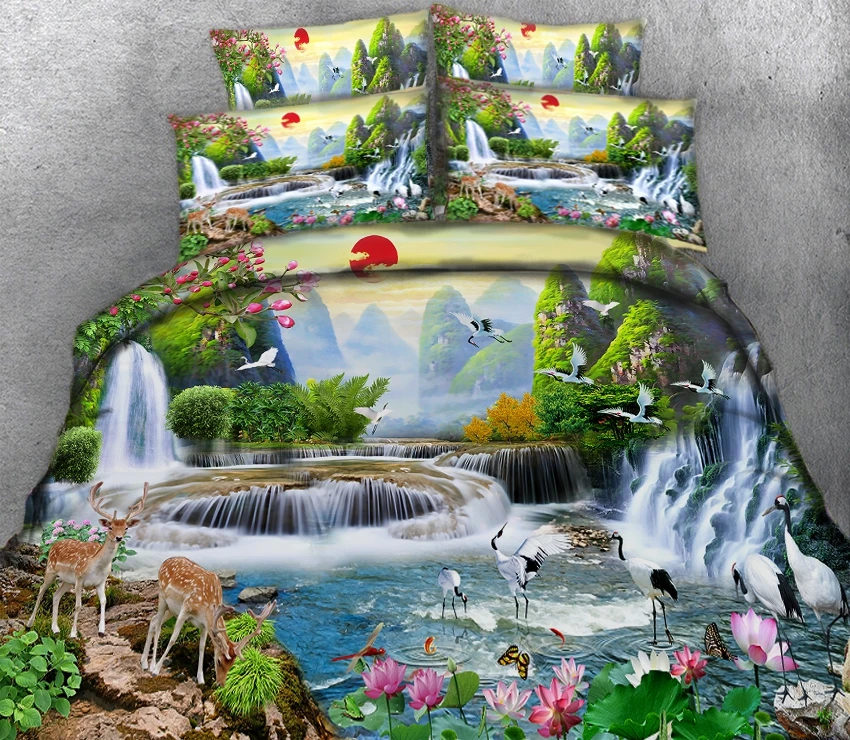 

The cranes and lotuses in the waterfall in the mountains 3d effect photo bed linen can be customized photo pattern