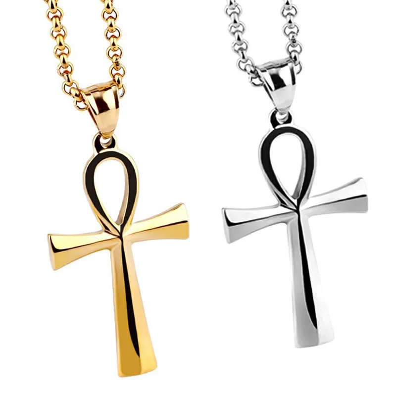 

BOAKO Metal Surgical Steel Ankh Egyptian Life Cross Pendant Necklaces Gold Plating Hiphop/rock Link Chain for Men Women X7-M3