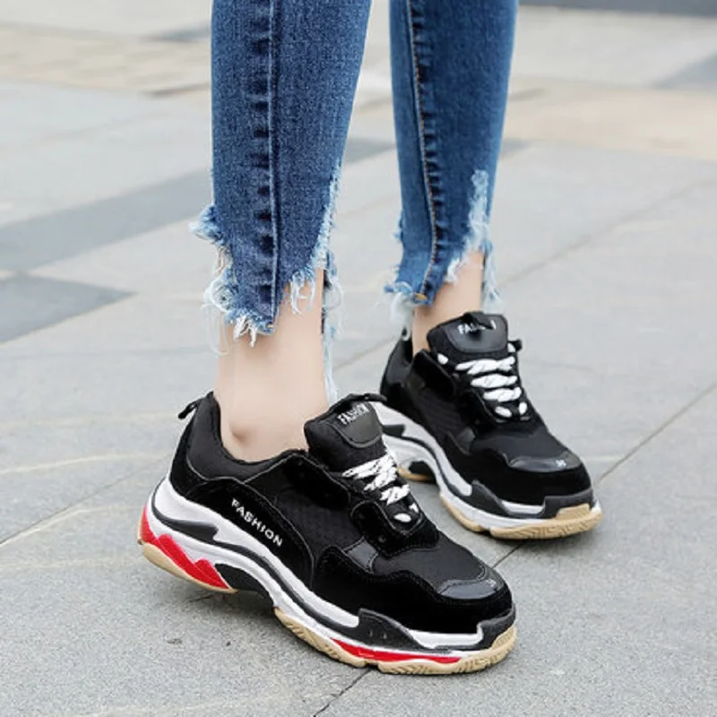

2019 new fashion women's shoes wild retro thick sole shoes color matching lace casual trend white shoes