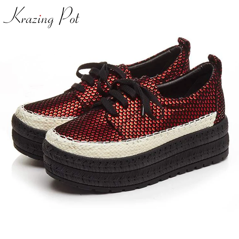 

Krazing Pot genuine leather patterns leather platform sneakers round toe lace up personality comfortable vulcanized shoes L69
