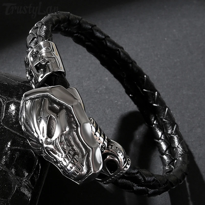 

TrustyLan Trendy Mens Braided Leather Wrap Bracelet Boyfriend Gift For Him Punk Rock Skull Men's Bracelets & Bangles Jewelry