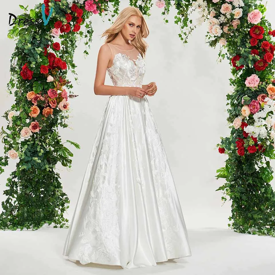 

Dressv scoop neck wedding dress a line sleeveless lace appliques button floor length bridal outdoor&church wedding dresses