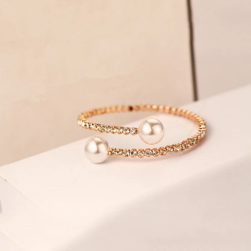Crystal Double Simulated Pearl Arm Bangles & Bracelets bijoux Arm