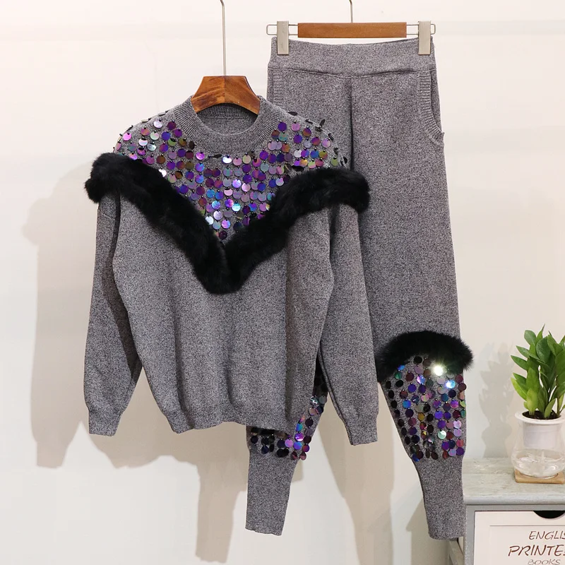

2018 New Fashion Women's Rabbit Fur Stitching Sequins Pullover Sweater + Knitted Pants Two Pieces Ladies Long Trousers Set WS99