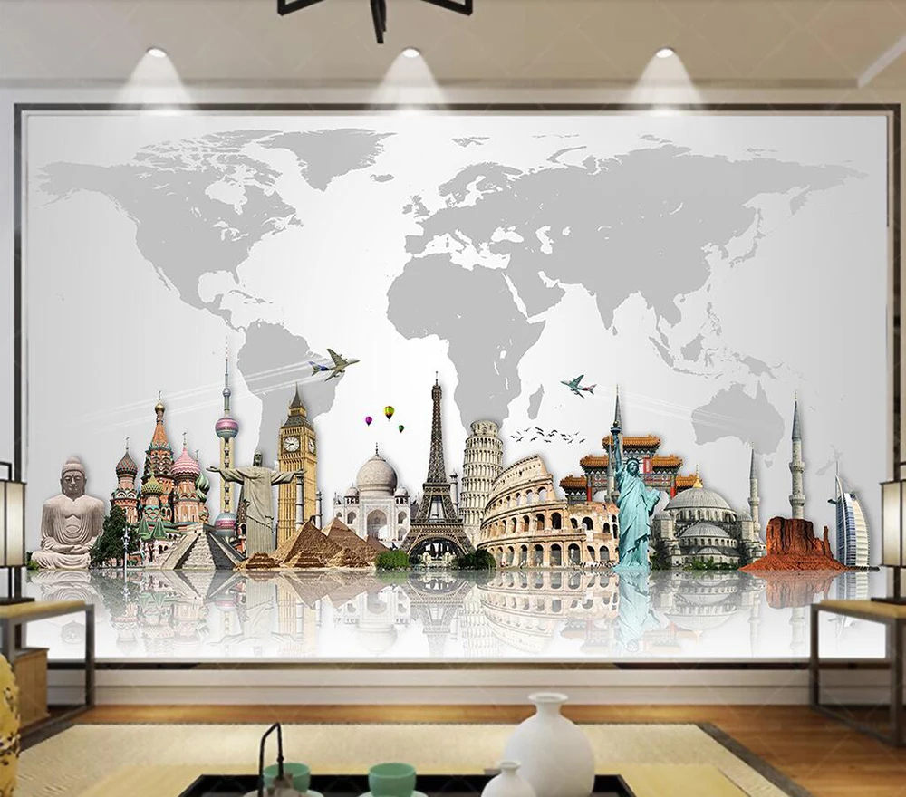 Decorative wallpaper World famous architecture map background wall painting | Обустройство дома