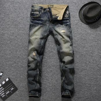 

High Quality Cotton Brand Clothing Men`s Dark Jeans Pants Casual Distressed Slim Fit Denim Patchwork Jeans Men RL631